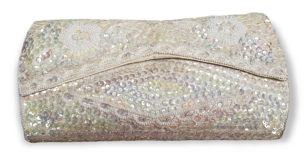 La Regal White Sequin Evening Clutch / Bag - Sequins Change Color w. Lighting